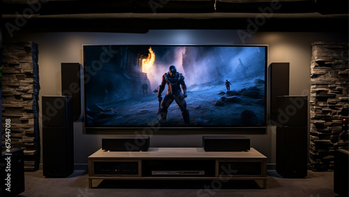 photograph of a home theatre system in a modern, finished, concrete basement, two tall bowers and wilkins speakers on either side of a 88 inch OLED TV, modern sleek entertainment center  photo