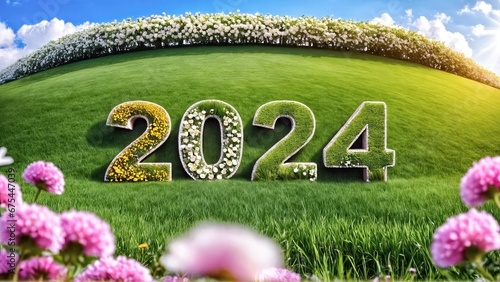 Eco-friendly Happy New Year 2024 concept with floral digits on lush grass. Generative AI.