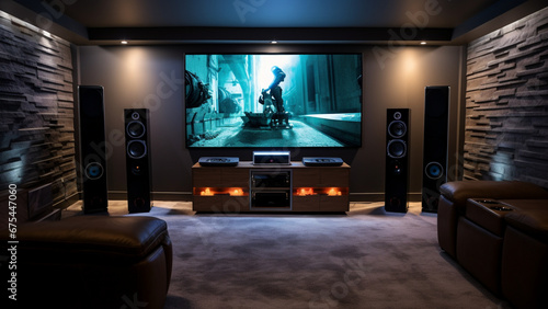 photograph of a home theatre system in a modern, finished, concrete basement, two tall bowers and wilkins speakers on either side of a 88 inch OLED TV, modern sleek entertainment center  photo