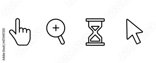 Collection of mouse pointer pictogram, hand, hourglass and search, on white background. Finger web click pointer line and silhouette icon. Set of black computer cursor. Isolated vector illustration.
