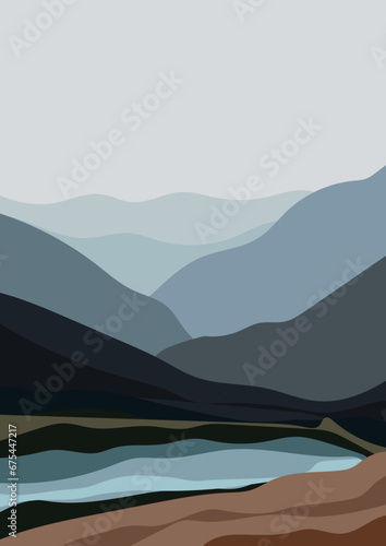 Landscape lake and mountains. Vector illustration. Minimalist, simple and basic poster. Landscape banner in blue tones for art decorations, print for decoration.