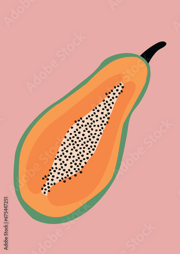 Summer fruits for healthy lifestyle. Papaya, half fruit. Flat icon vector illustration. art decorations, print for decoration. Hand drawn vector illustration.