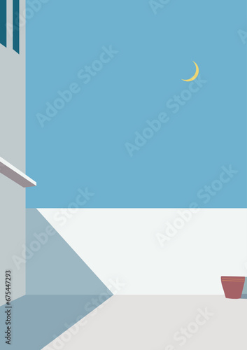 Abstract geometric shaded balcony building. Poster vector illustration. Wall, sky, balcony, window, flower pot, moon, shadow. Blue background. Silhouette. Minimalist, simple and basic poster