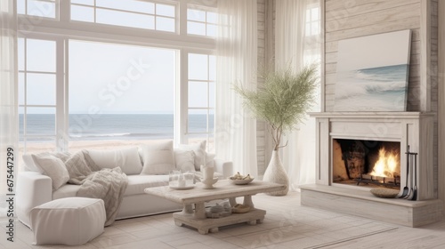 shabby chic beach style living room, fireplace. large windows, transparent curtains.