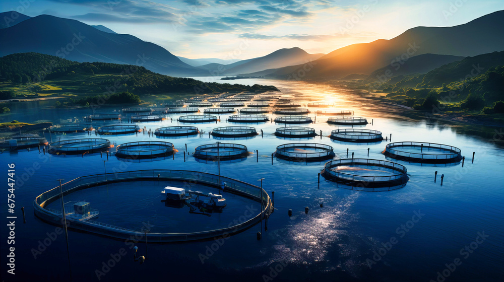 A tranquil image of a fish farm at dawn, showcasing aquaculture practices, - obrazy, fototapety, plakaty 