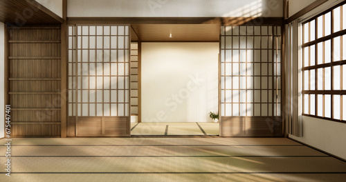 Nihon room design interior with door paper and tatami mat floor room japanese style. © Interior Design