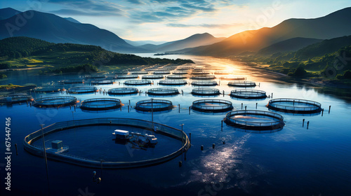 A tranquil image of a fish farm at dawn, showcasing aquaculture practices,