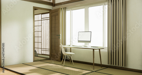 Nihon room design interior with door paper and tatami mat floor room japanese style.