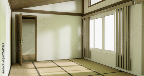 Nihon room design interior with door paper and tatami mat floor room japanese style.