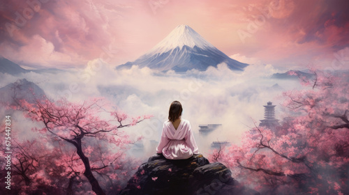 Young Japanese Woman Meditating in Front of Mount Fuji with Cherry Blossoms in Bloom, Colorful Pastel Japanese Landscape. Serinity Scene And Dreamlike View. Generative Ai