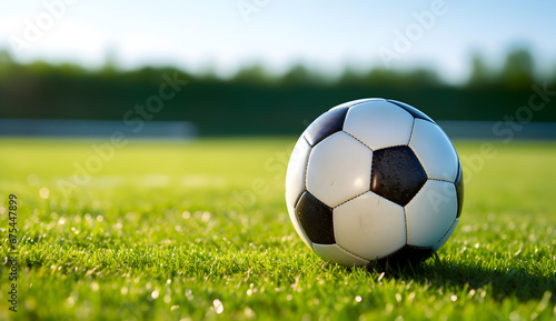Classic football ball on a vibrant green field, ready for the game.