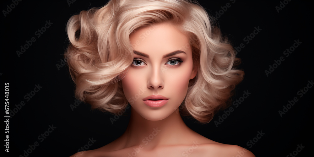  a beautiful blonde woman fashion model after salon hairdresser procedure
