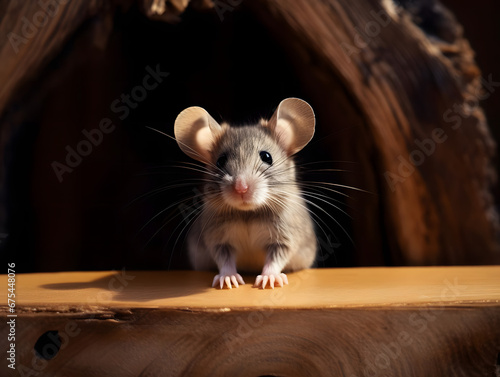 Cute Fancy Mouse Posing on Wooden Surface, Generative AI