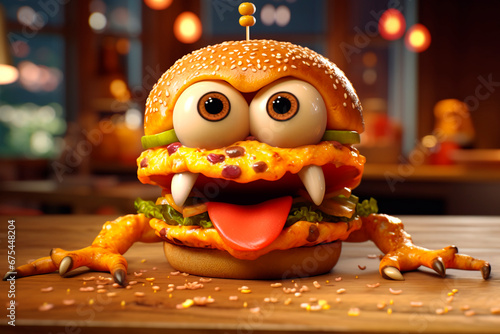 Crazy burger. Funny mad cartoon beefburger with eyes and mouth. Angry hungry character. Cute illustration for a school notebook, menu, puzzle, cover. Burger Day. Street food festival.