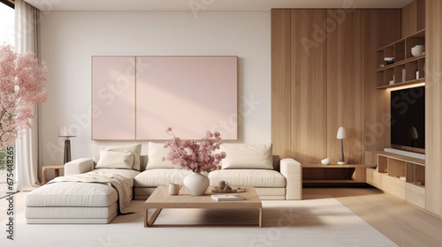 home interior design, calming mood, beige color block, modern design, tone down brush pink, white wood interior  photo