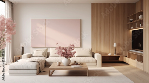 home interior design, calming mood, beige color block, modern design, tone down brush pink, white wood interior 