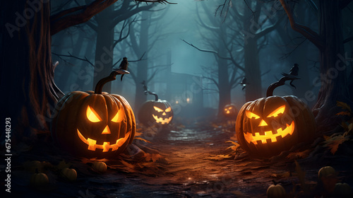 halloween pumpkin with bats,Spooky Pumpkin and Dark Forest,Haunted Halloween Design with Copyspace,,AI Generative  © Aleey