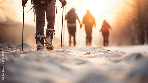 People Doing Nordic Walk Sport In Forest During Winter Season, Path With Snow And Blurred Effect. Active People Working Out Outdoor. Generative AI © Immersive Dimension
