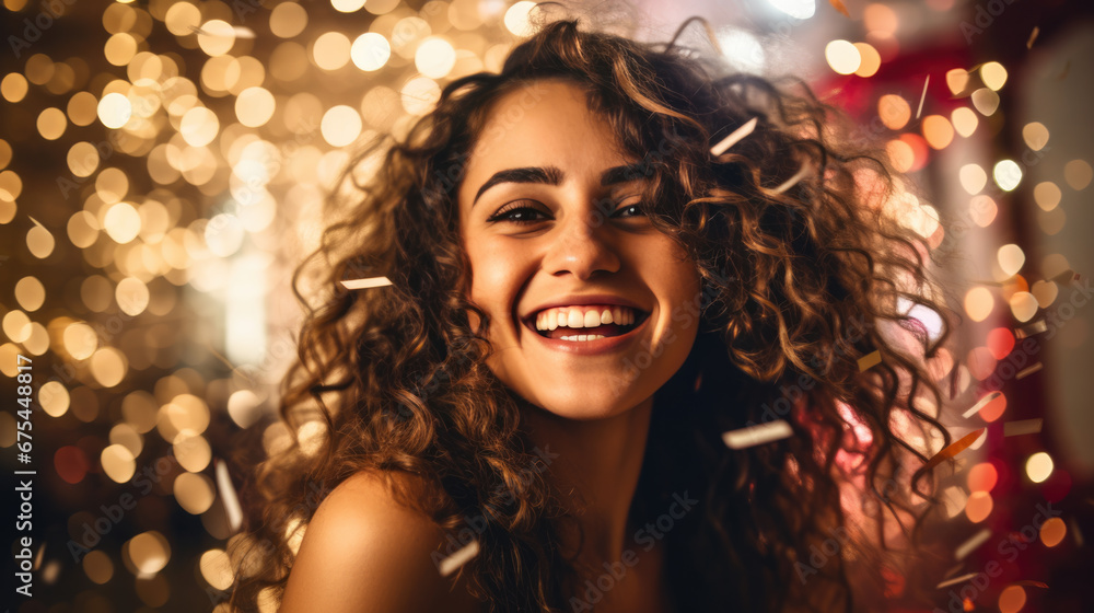 A joyous curly-haired woman, adorned in sequined evening wear, beams brightly amidst a confetti-filled celebration with shimmering bokeh lights. A joyous curly-haired woman, adorned in sequined evening wear, beams brightly amidst a confetti-filled celebration with shimmering bokeh lights.