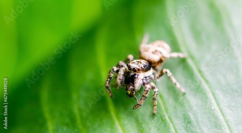 a jumping spider sitting on top of a green leaf under sunlight