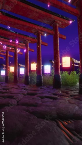 Ethereal torii gates lit by neon lights, luminous lanterns. 3d vj loop animation