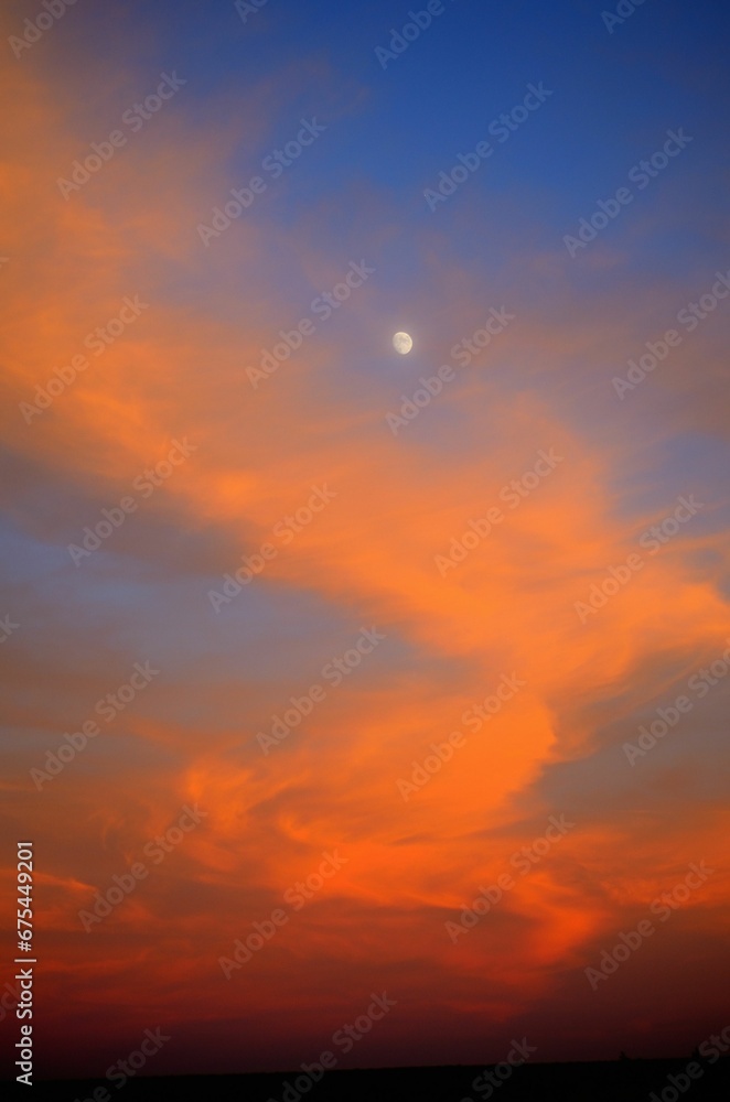 Vertical shot of a tranquil sunset in the sky with the moon