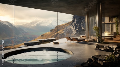 Jacuzzi of an ultra-modern hotel building made of volcanic stone, wood and crystal © Zahid