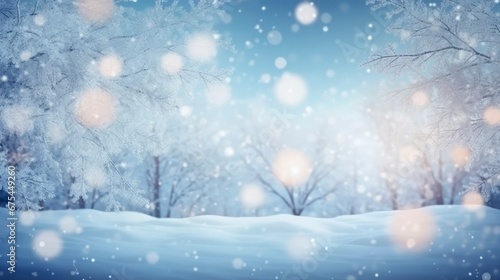 Winter, snow and blurred trees background