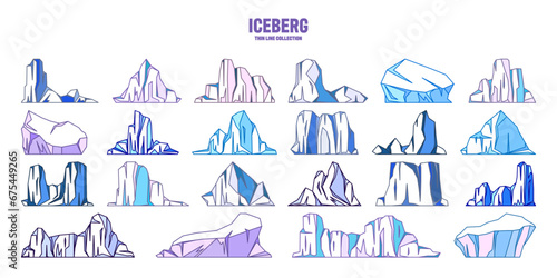 Floating icebergs collection. Drifting arctic glacier, block of frozen ocean water. Icy mountains with snow. Melting ice peak. Antarctic snowy landscape. South and North Pole. Vector illustration.
