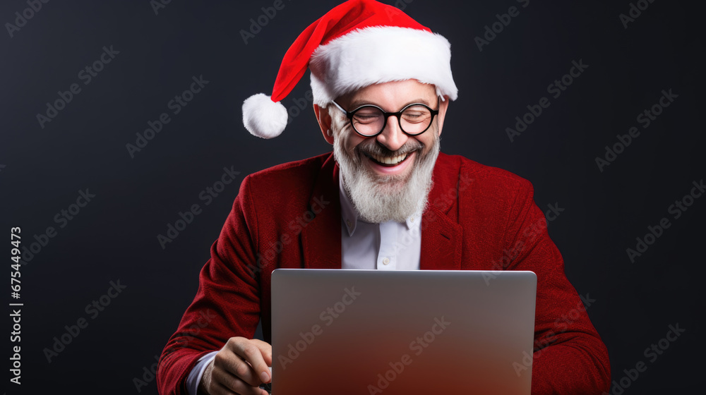Naklejka premium A cheerful man in Santa hat laughing while looking at a laptop on a wooden table