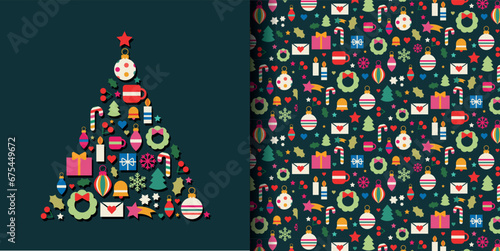 christmas tree made of objects and seamless pattern