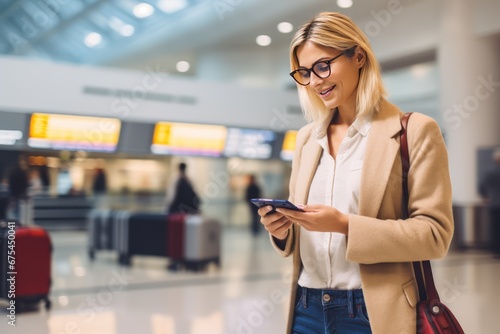 Caucasian blonde woman eyeglasses in front of an information board at the airport. She checking online check-in via a smartphone app. Photo with copy space.