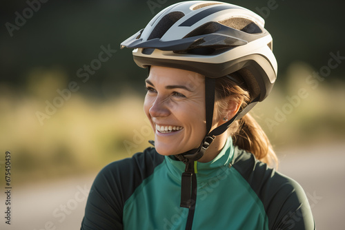 A woman smiling and wearing a cyclist helmet.