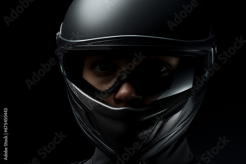 A person in a motorcycle helmet against a dark background.