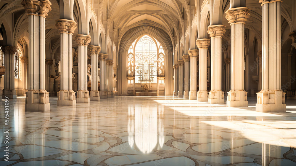 Atmospheric interplay of light and shadows in a grand hall, reflecting architectural drama