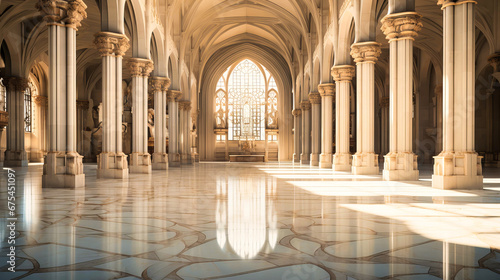 Atmospheric interplay of light and shadows in a grand hall, reflecting architectural drama photo