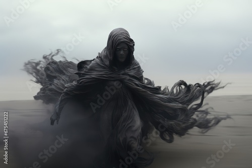 the scary black ghost flowing like a ash moving through lifeless desert, conceptual illustration