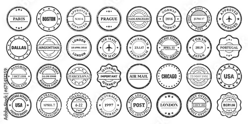 Post stamps, labels and badges. Grunge imprints and postmarks. Vintage circle postcard watermarks. Used envelope design elements. Vector illustration