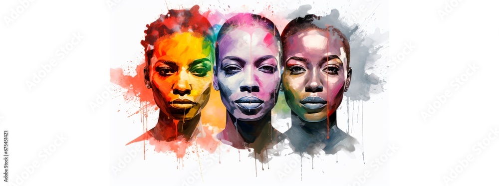 Black History Month colourful abstract illustration. Group of  black people, racial equality, civil and justice racism and discrimination, white background, copy space for text, banner card background - obrazy, fototapety, plakaty 