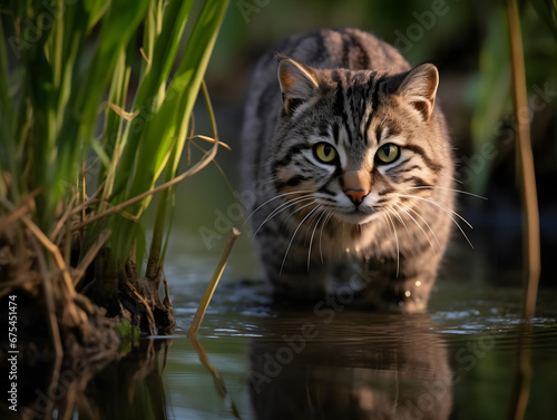 Fishing Cat Hunting in Wetlands, Generative AI photo