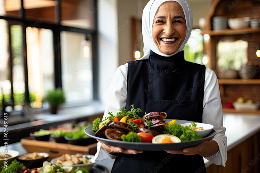 Smiling Arabian Woman Working with Confidence in a Restaurant Kitchen, Serving Delicious Dishes