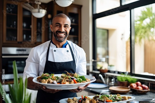 Arabic Restaurant's Skilled Chef Preparing a Delicious Meal in His Professional Uniform photo