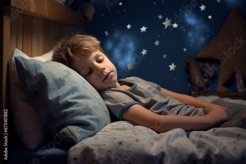 little boy sleeping on the bed, cozy interior of a childs bedroom photo