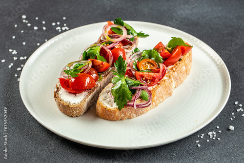 Sandwich with cottage cheese, tomatoes and basil, Delicious balanced food concept, place for text, top view