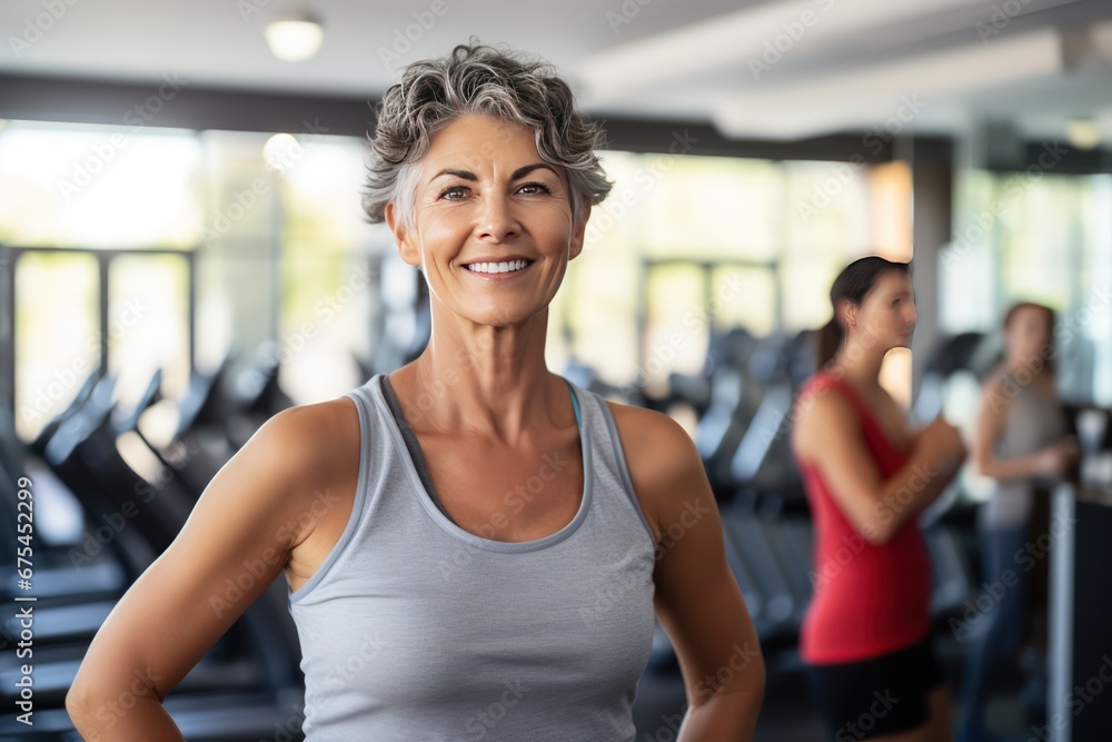 Diverse collection of individuals from different cultures working out in fitness studio. Smiling middle aged fit woman come to exercise in fitness studio.