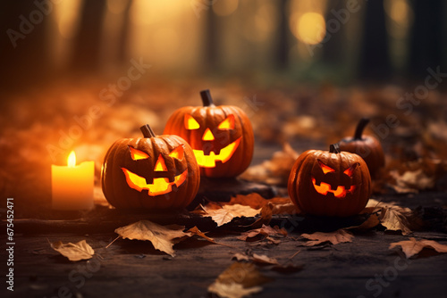 The photo shoot of a carving pumpkin lantern or halloween jack o lantern on a ground covered with brown and orange autumn leaves in a forest with bokeh light background. Generative AI.