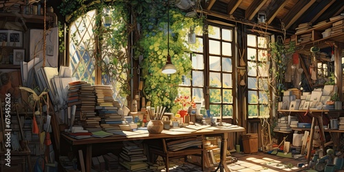 Interior of an atelier, paintings and sketches stuck to the wall, windows with wooden frames, colours, markers and other tools scattered on the shelves.