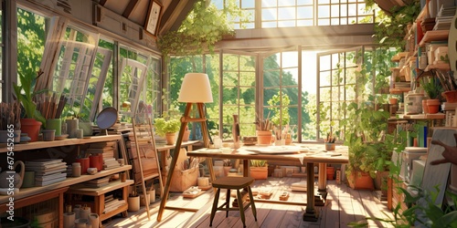 Interior of an atelier, paintings and sketches stuck to the wall, windows with wooden frames, colours, markers and other tools scattered on the shelves. © Savinus