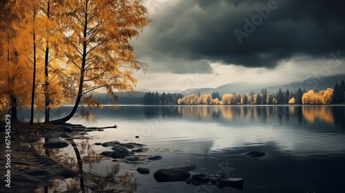 In autumn, dark clouds cover the sky with lake waters, thick trees, yellow leaves and endless deserts.