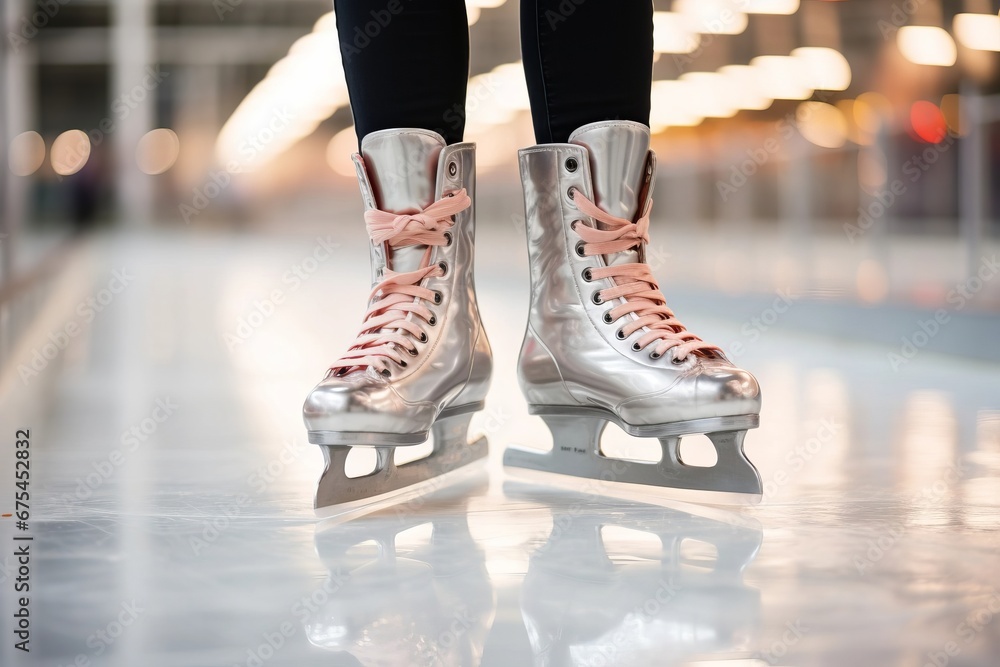 Woman is standing on an ice skating rink